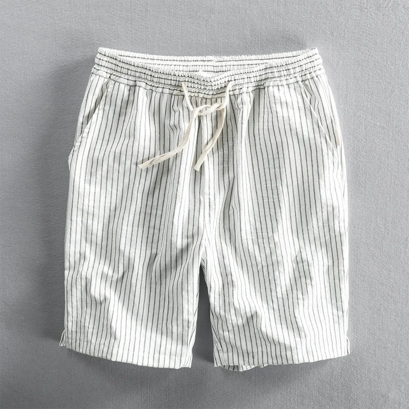 Summer Cotton Beach Shorts Pants For Men Casual Breathable Comfortable Striped Loose Drawstring Cropped Youth Man Shorts Pants