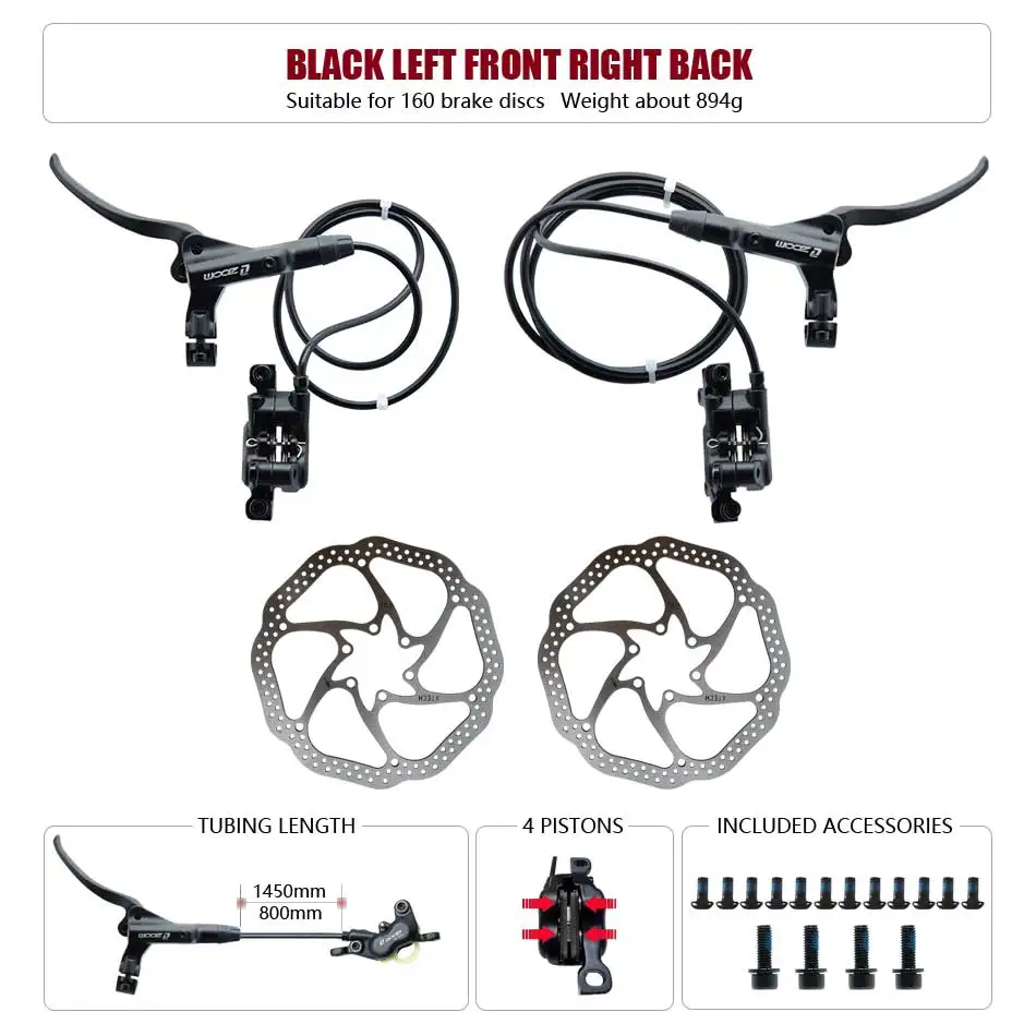 ZOOM HB-876 4-Kolben-Klapp-Mountainbike-Scheiben-Hydraulikbremsen-Set vorne 800 hinten 1400 mm MTB-Fahrradkrämpfe rot Fahrradteile