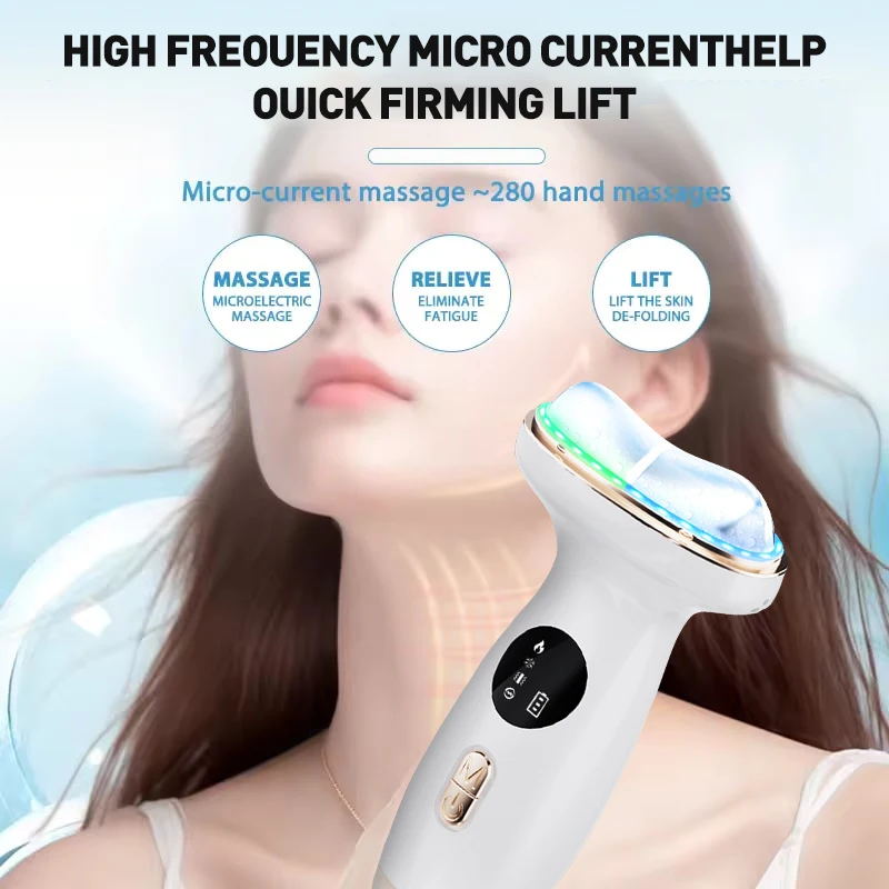 جهاز تجميل الرقبة المضغوط البارد والساخن للوجه EMS العلاج بالضوء بالألوان الحالية الصغيرة لتعزيز جهاز تدليك الذقن والرقبة