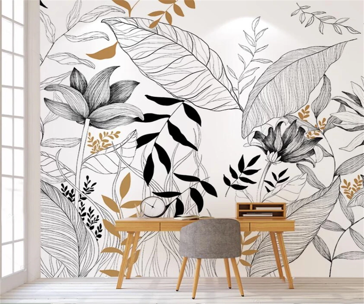 beibehang Customized French abstract line drawing tropical rainforest plant mural living room dining room background wallpaper