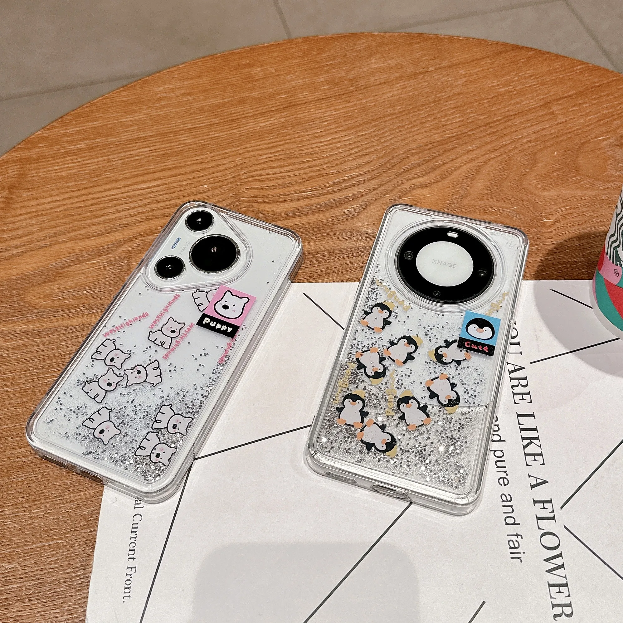 Cartoon Cute Penguin Cartoon dog Bear Quicksand Glitter Phone Case For Huawei P70 60 pro Mate60 50 40pro Lovely Quicksand Cover