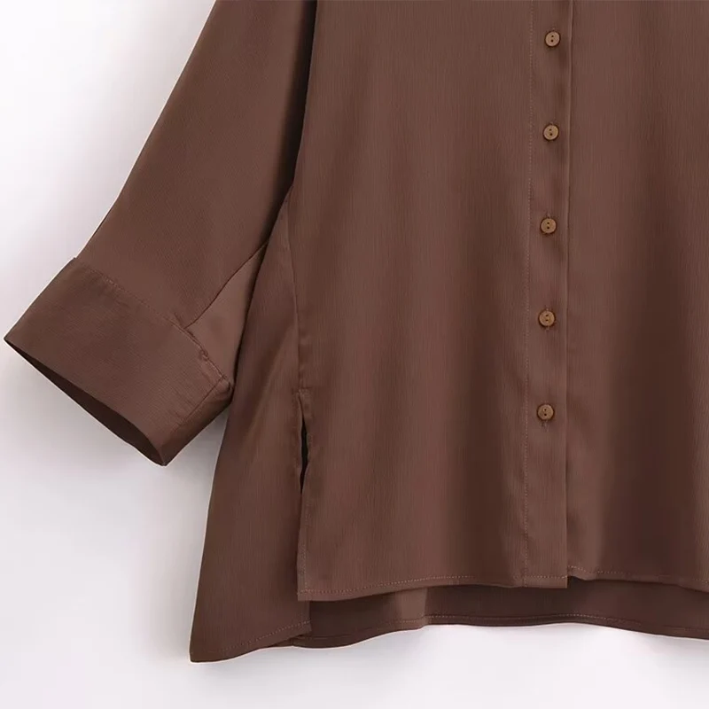 Primavera 2025 Donna Sciolto Lungo Sve irt Colletto alla coreana Bottone Frontale Pieghettato Raso Spacco laterale Fibra di poliestere Versatile Sle