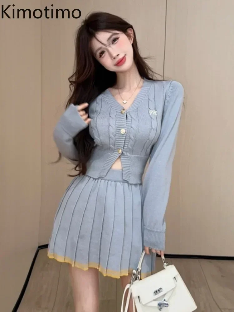 Kimotimo Knitted 2 Piece Sets Korean Temperament Preppy Style Short Sweater Cardigan High Waist Slim Pleated Mini Skirt Suits