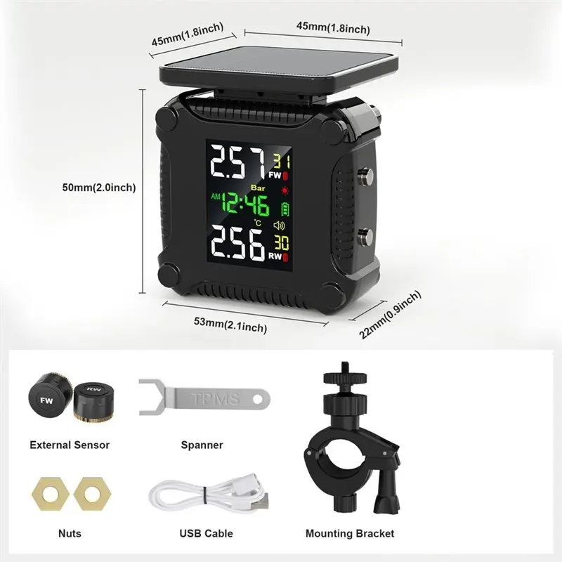 Leading-Motorcycle Tyre Temperature Sensor Solar Charging Tire Pressure Monitoring System Wireless TPMS Colorful Display