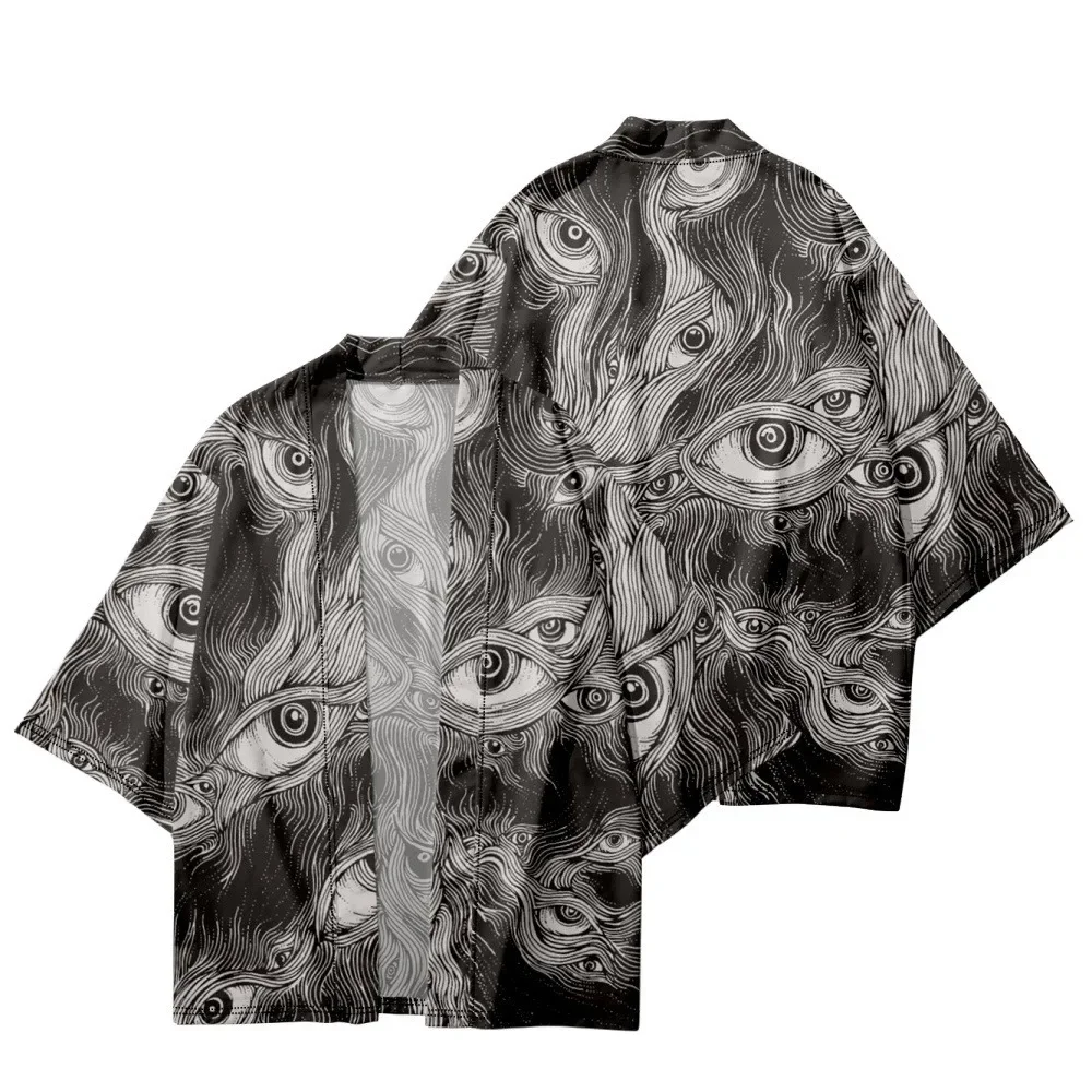 تصميم جديد طباعة العين كيمونو تقليدي 2025 النمط الياباني النساء الرجال الشارع الشهير سترة الشاطئ موضة تأثيري قمصان هاوري #3