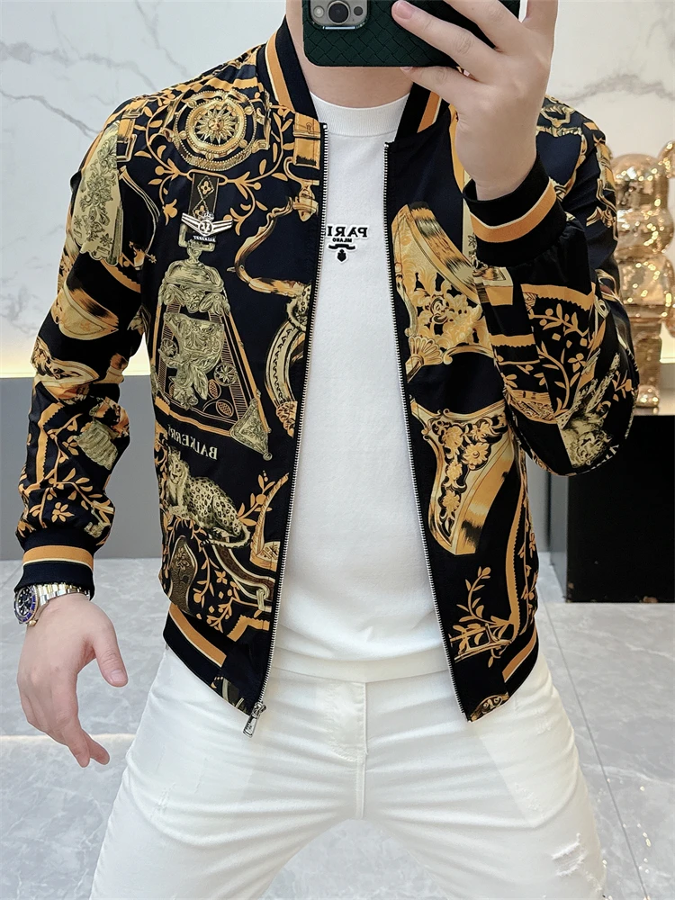 

Spring 2025 Men's Faion ort Baseball Jaet Printed Slim Fit Haome Outerwear Zipper Decoration Breathable Polyester
