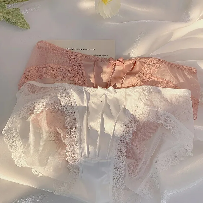

Новые винтажные атласные трусики, тонкое дышащее нижнее белье, женское французское сексуальное кружевное белье с бантом, женские тонкие сетчатые трусы со средней талией