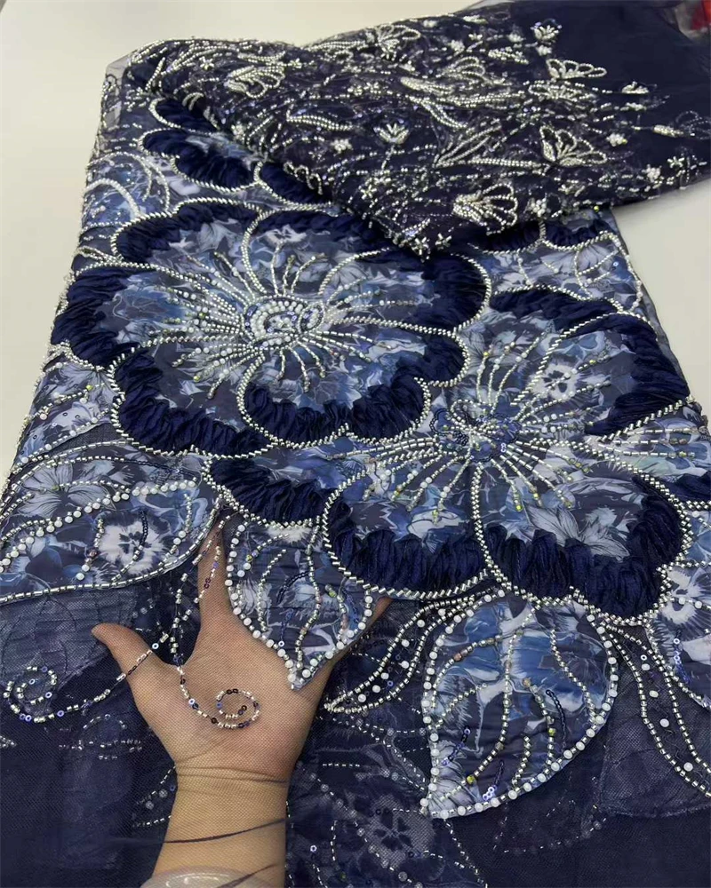 

Elegant French Embroidery Mesh Lace Fabric with Bead And Sequin for African Nigerian Wedding Dresses Fashionable