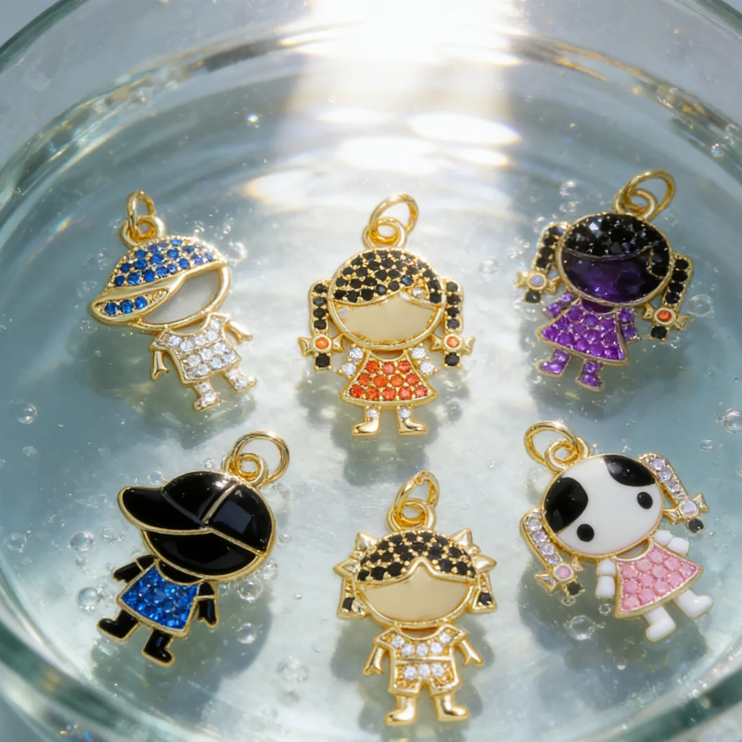 4Pcs Pendants Brass Cute Doll Different Styles Sparkling Colorful Zircon Charm for DIY Jewelry Necklace Bracelet Daily Accessory