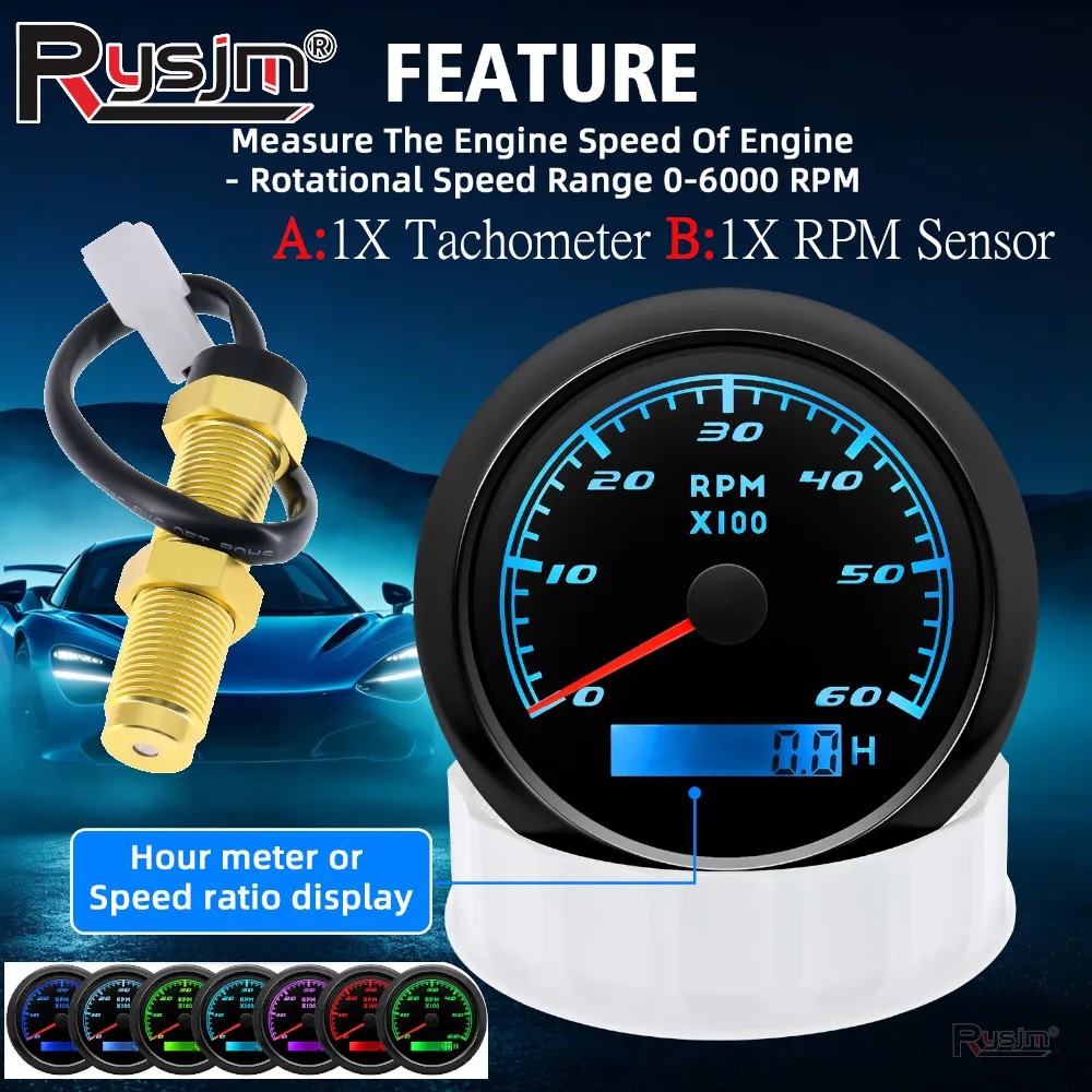 Tacho Tachometer 0-6000 RPM 8000RPM with 7 colors 85mm 3/8 