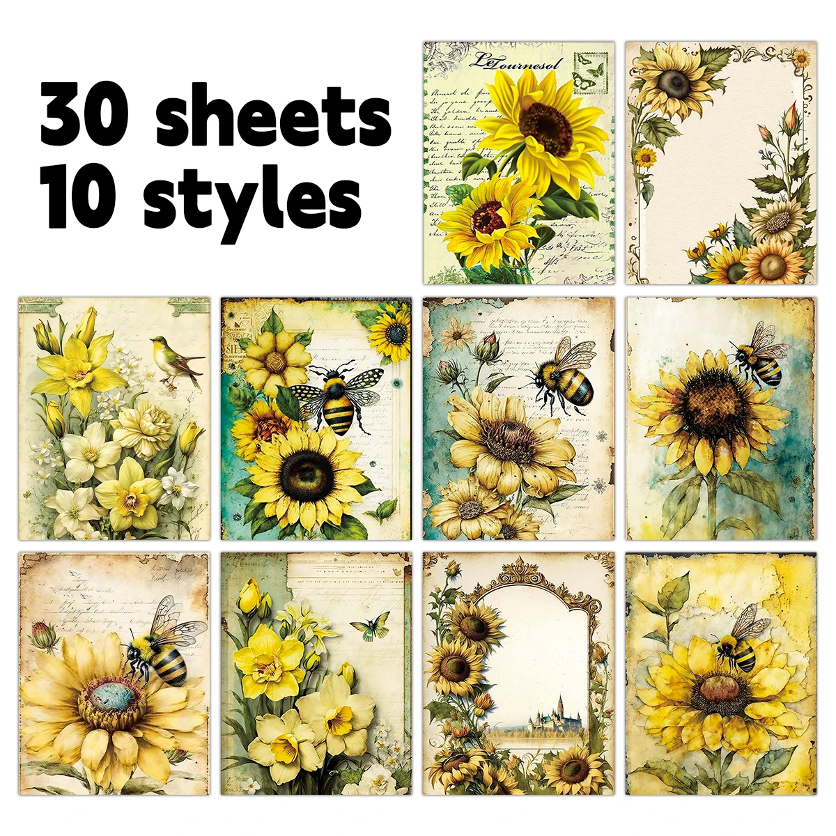 30Sheets Vintage Sunflower and Bee Scrapbook Paper Vibrant Artistic Backgrounds for Creative DIY Craft,Journaling & Scrapbooking