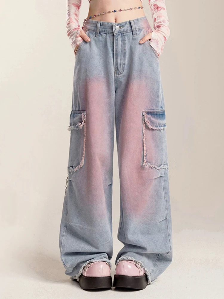 

Korean Basic High Waist Chic Contrast Color Women Jeans Vintage Washed Loose Straight Full Length Fashion Female Wide Leg Pants