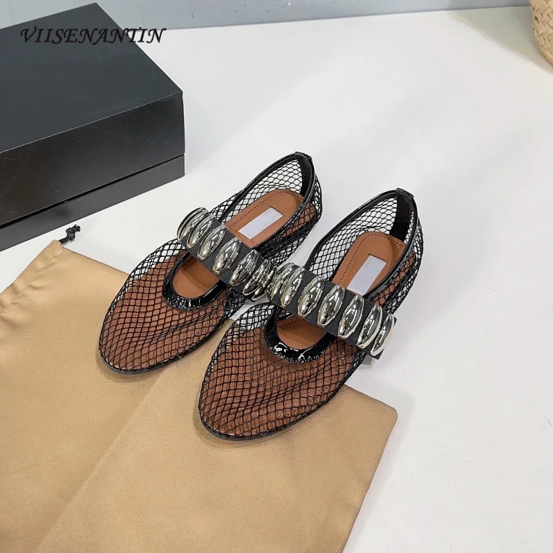 

2024 Spring Summer Mesh Ballet Flats Shoes Womne Metal Decor Hollow Out Mary Janes Elastic Band Slip on Comfort Loafers Females