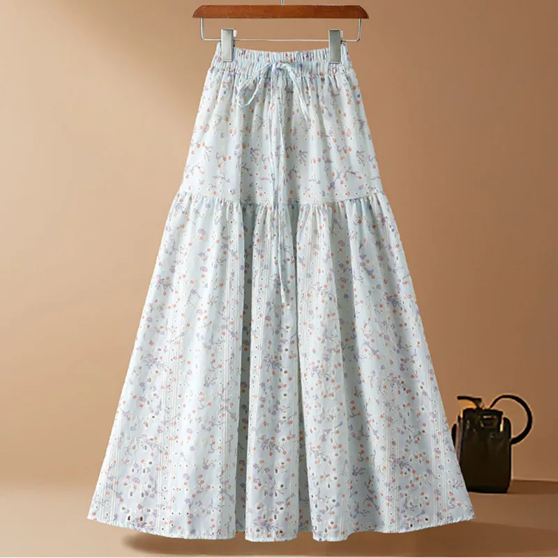 Lente Zomer Prairie Chic Borduren Bloemen Katoenen Rok Vrouwen Nieuwe Mooie Hoge Taille A-lijn Midi Lange Rokken