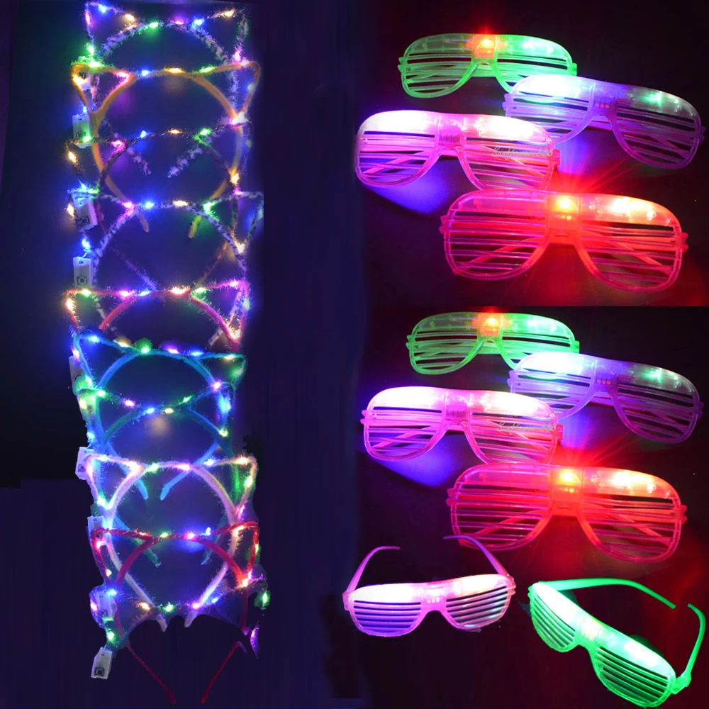 

20pcs LED Glasses Light Up Shutter Shades Glow Cat Ear Bunny Flower Crown Headband Party Sunglasses Neon Toys Halloween