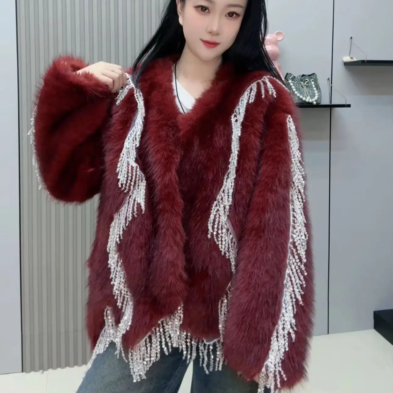 Moda senhora vermelho jaqueta de pele do falso novo outono inverno diamantes contas borla casaco quente elegante manga longa feminino casacos inchados