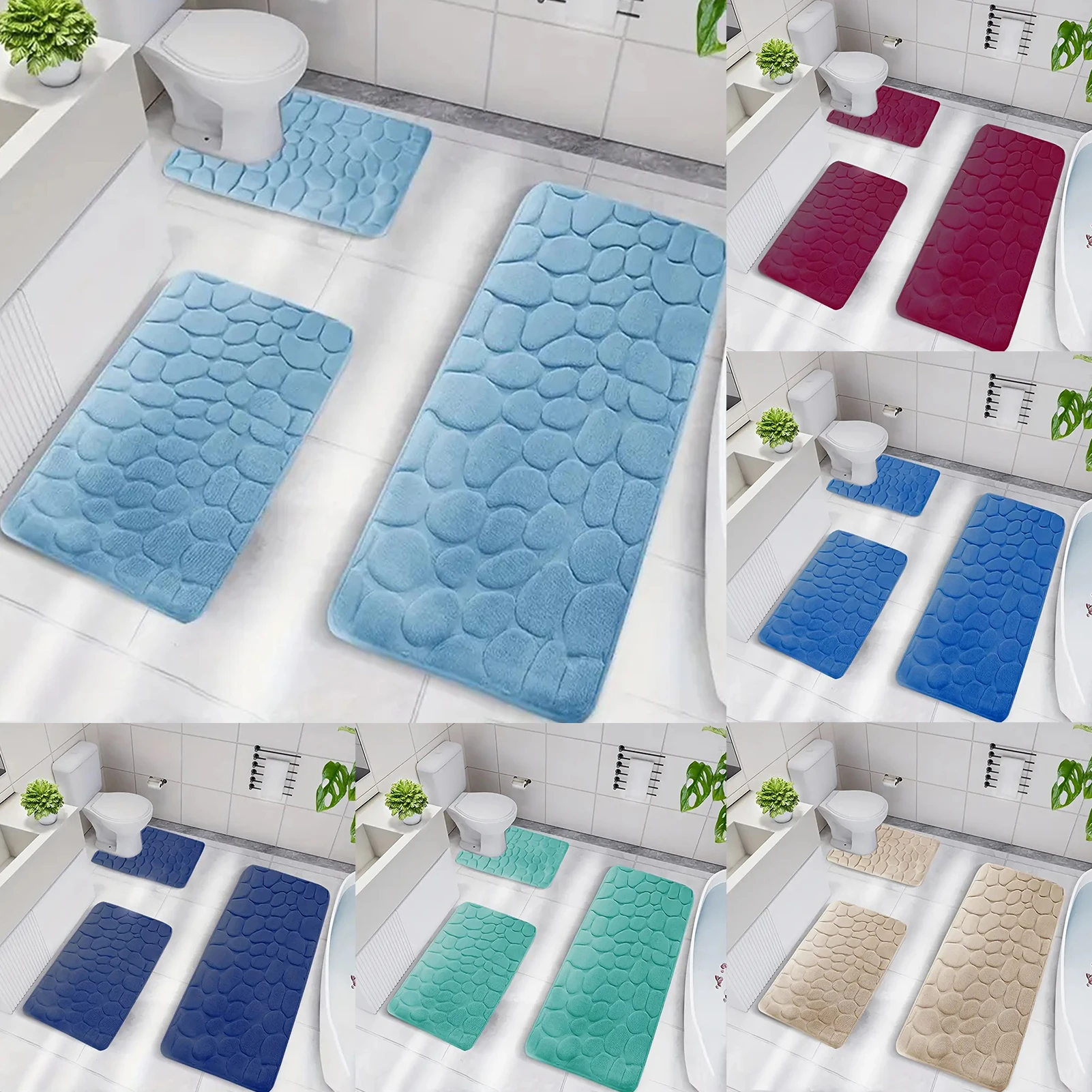 3-teiliges Set aus ultraweichen Memory-Schaum-Badematten mit Kopfsteinpflaster-Prägung, super saugfähiger Bodenteppich, Fußmatte für Badezimmer, WC, Raumdekoration