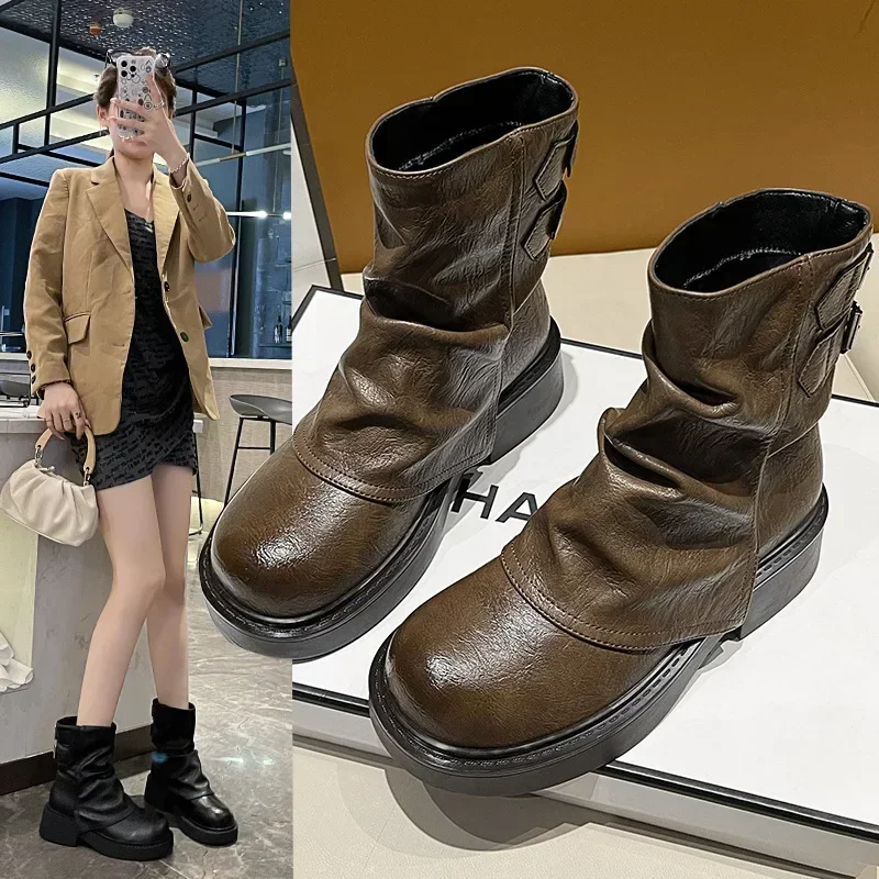 

2024 Autumn Winter Best-selling New Fashion Buckle Pants Boots Pile Pile Platform Boots Shoes for Women Brown Long Boots