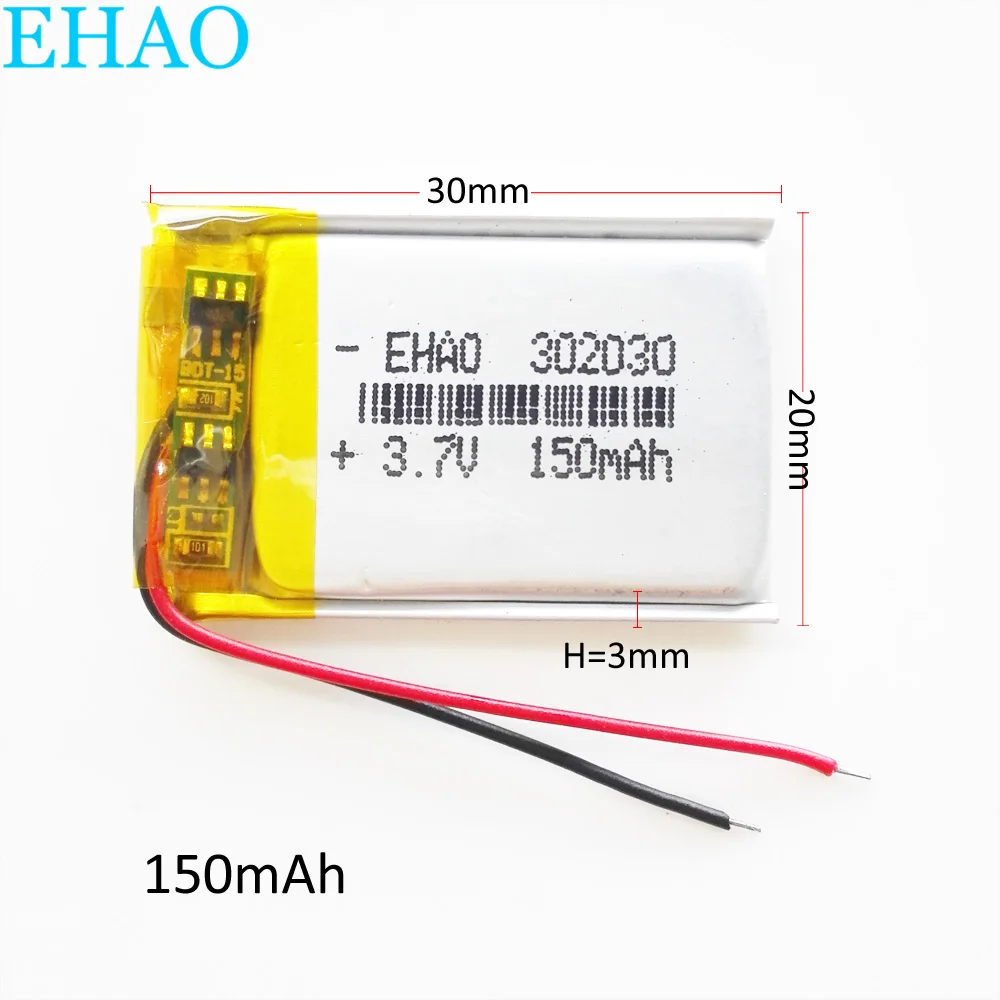 3.7V 150mAh LiPo Rechargeable Battery 302030 For Mp3 Bluetooth GPS DVD Vedio Pen Headset Recorder Earphone Smart Watch Led light