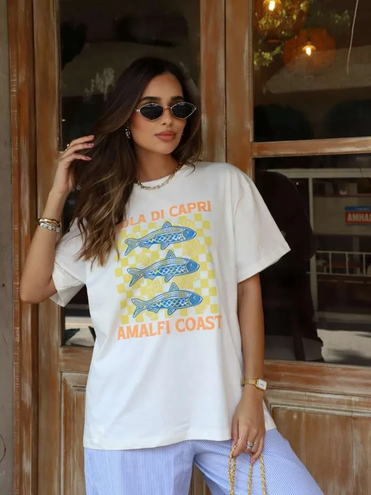 Retro American Summer Ocean Lemon Fish Print Spicy Girl Loose Pure Cotton Short Sleeve T-Shirt Women's Vintage Style round Neck