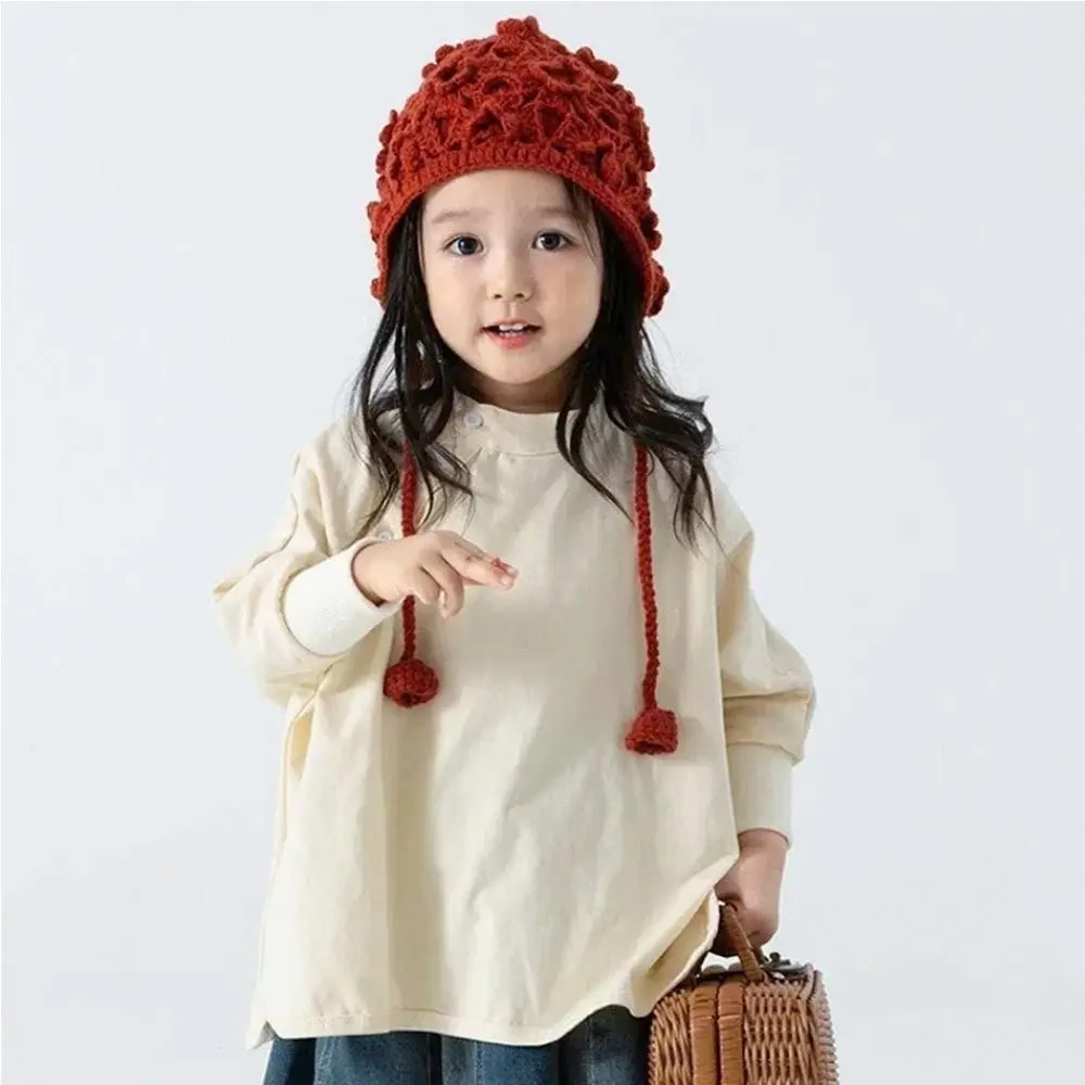 Breathable Handmade Kids Knitted Hat Hollow Flower Fringed Beret Cap Casual Crochet Princess Cap for Child Girls