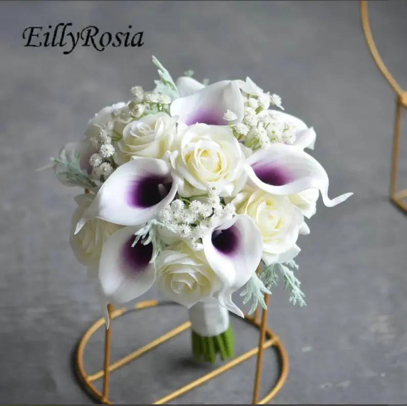 

EillyRosia Beautiful Bridesmaid Bouquet Artificial Real Touch Calla Lily White Baby's Breath Wedding Holding Flowers for Bride