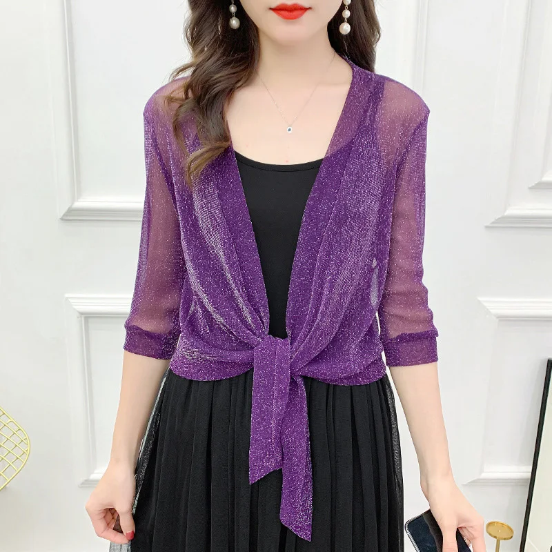 Summer Sheer Glitter Lace-up Cardigan Ladies Sexy Thin Short Jacket Coat Short Type Shawl Sunscreen Loose Blouse