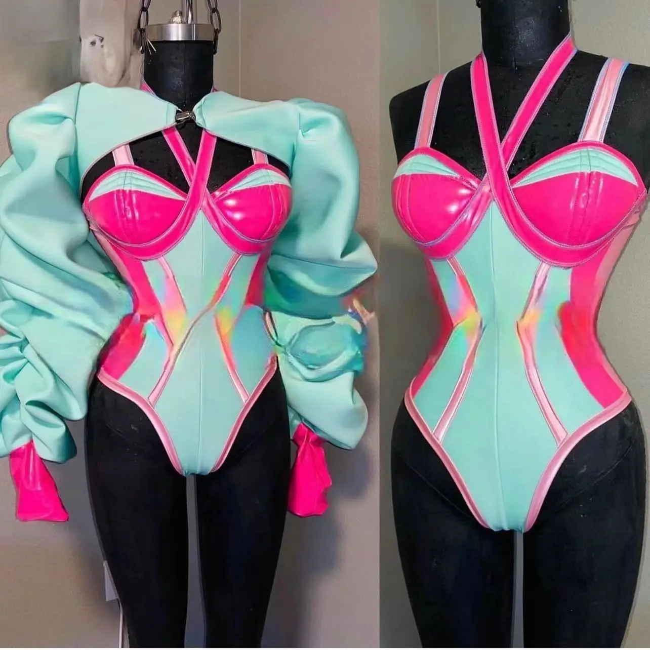 Pink Green Color Matching Sexy Bodysuit+Exaggerat Bubble Sleeve Top Nightclub Bar Female Singer Drag Queen Dance Stage Outfit