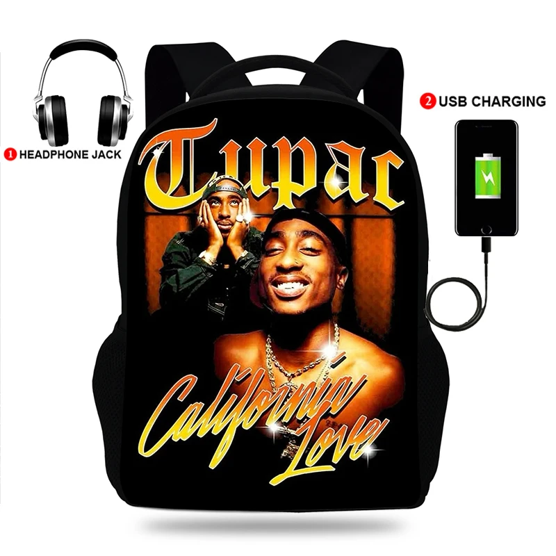 USB Chargering Backpack Schoolbag 2Pac Tupac Shakur Hip Hop Rapper Print Bookbags For Teenager Girls Boys Children Book Bag