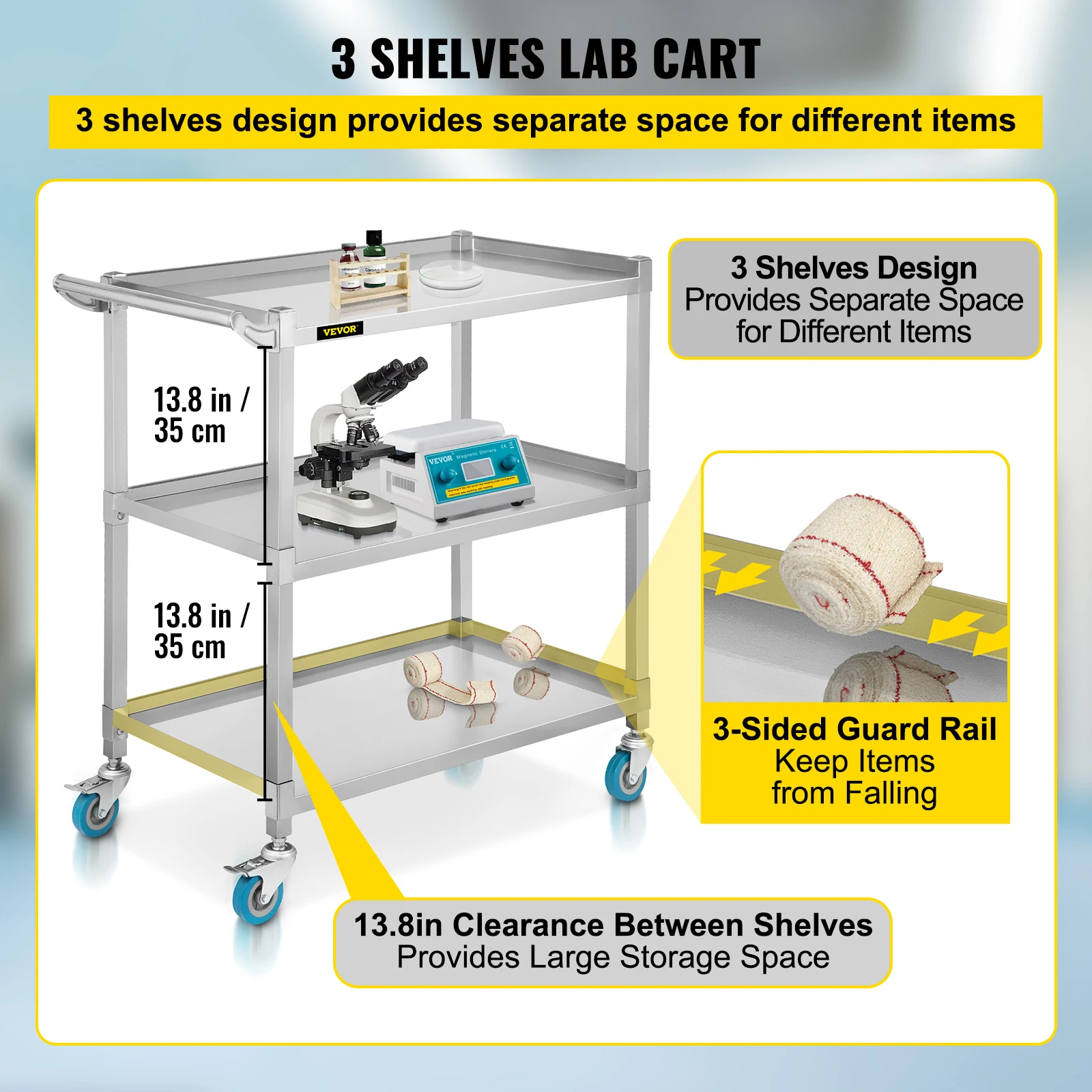 VEVOR Lab Utility Cart 500 libbre di capacità di peso carrello di rotolamento 3 ripiani clinica Mobile robusto carrello da laboratorio con struttura in acciaio inossidabile