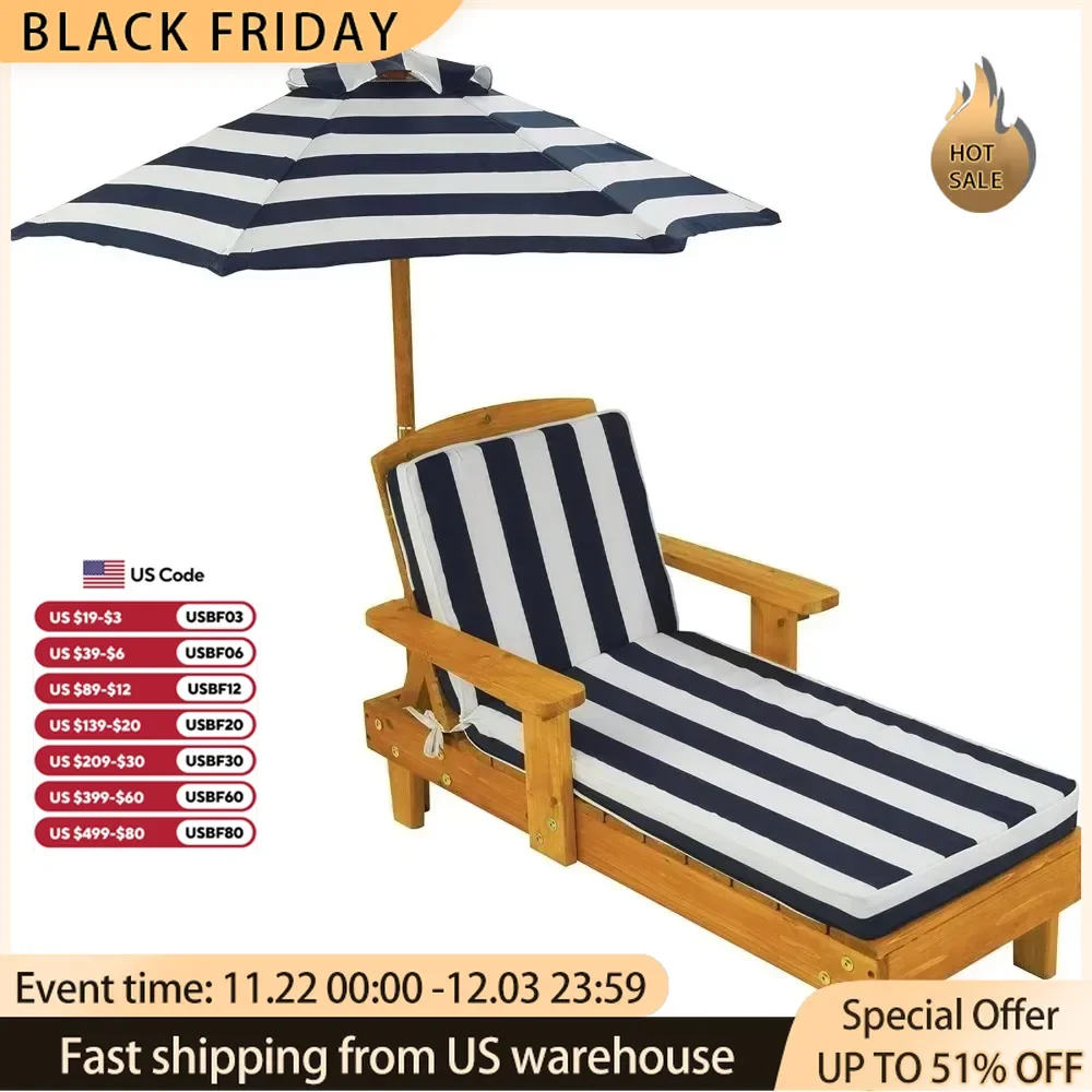 

Navy Blue and White Striped Fabric Foldable Chair Backyard Furniture Chair With Umbrella and Cushions Recliner Backrest Outdoor