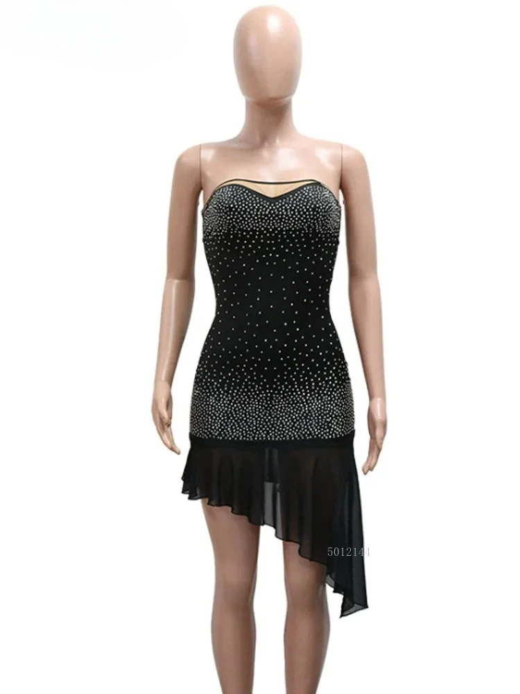 Women's Sexy Solid Color Strapless Rhinestone Decor Backless Irregular Party Dress