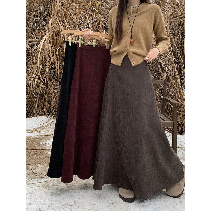 Autumn Winter New Black Knit A-line Skirt Women Minimalist Solid Loose Midi Skirts Korean Casual Trendy Office Commut Outfits