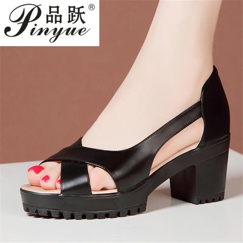 

Fashion strappy chunky heel sandals Size 33-43 Women Leather Shoes Summer High Heels for Wedding Office Gladiator Sandals