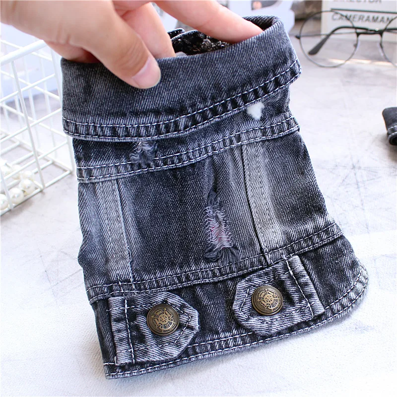 Pet Clothes for Small Medium Dogs Cool Dog Denim Jacket Puppy Sleeveless Dark Washed Jeans Costume Spring Lapel Pet Coat