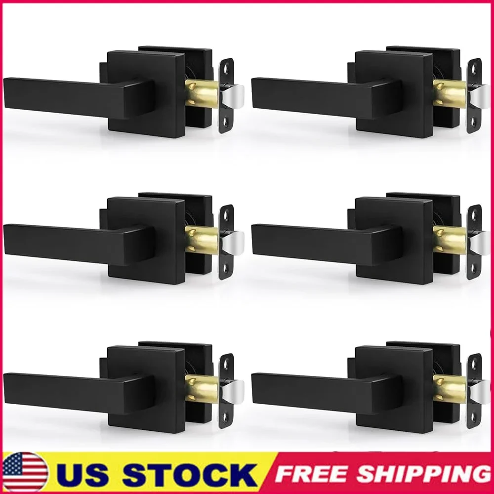 

6 Pack Matte Black Door Handles Heavy Duty Non Locking Passage Knobs Interior Square Levers Hall Closet Installation Kit