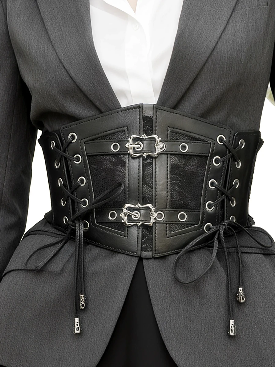 Spitze Korsett Punk Schwarz Breiten Gürtel Mit Kette Pu Leder Abnehmen Körper Gürtel für Frauen Elastische Hohe Taille Gürtel Weibliche Cummerbunds – Detail 2