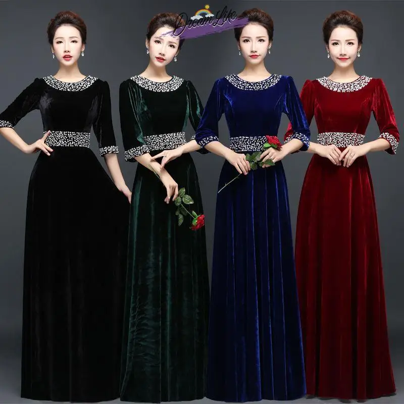 

Новый бархатный хоровой костюм: длинная юбка с золотой вышивкой, большой размер, для выступлений хора, дирижера, ведущего, церемониймейстера, сценических выступлений