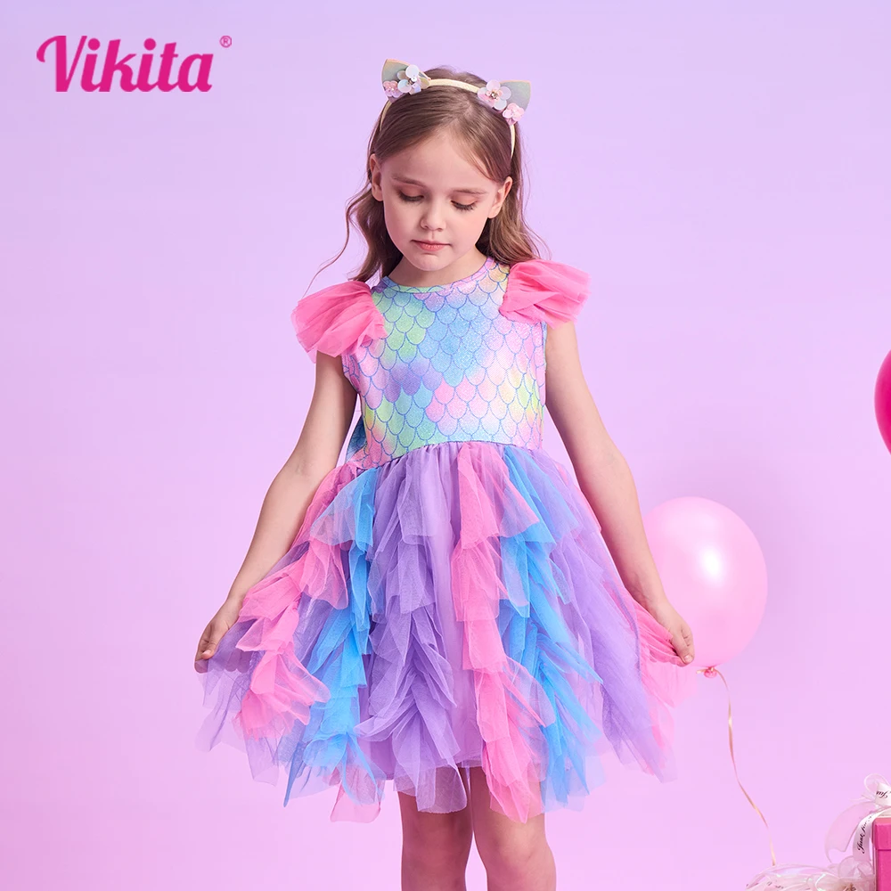 VIKITA Kids Flare Sleeve Dress Girls Summer Vestidos Toddlers Mermaid Print Dresses Girl Irregular Mesh Tulle Layered Cake Dress