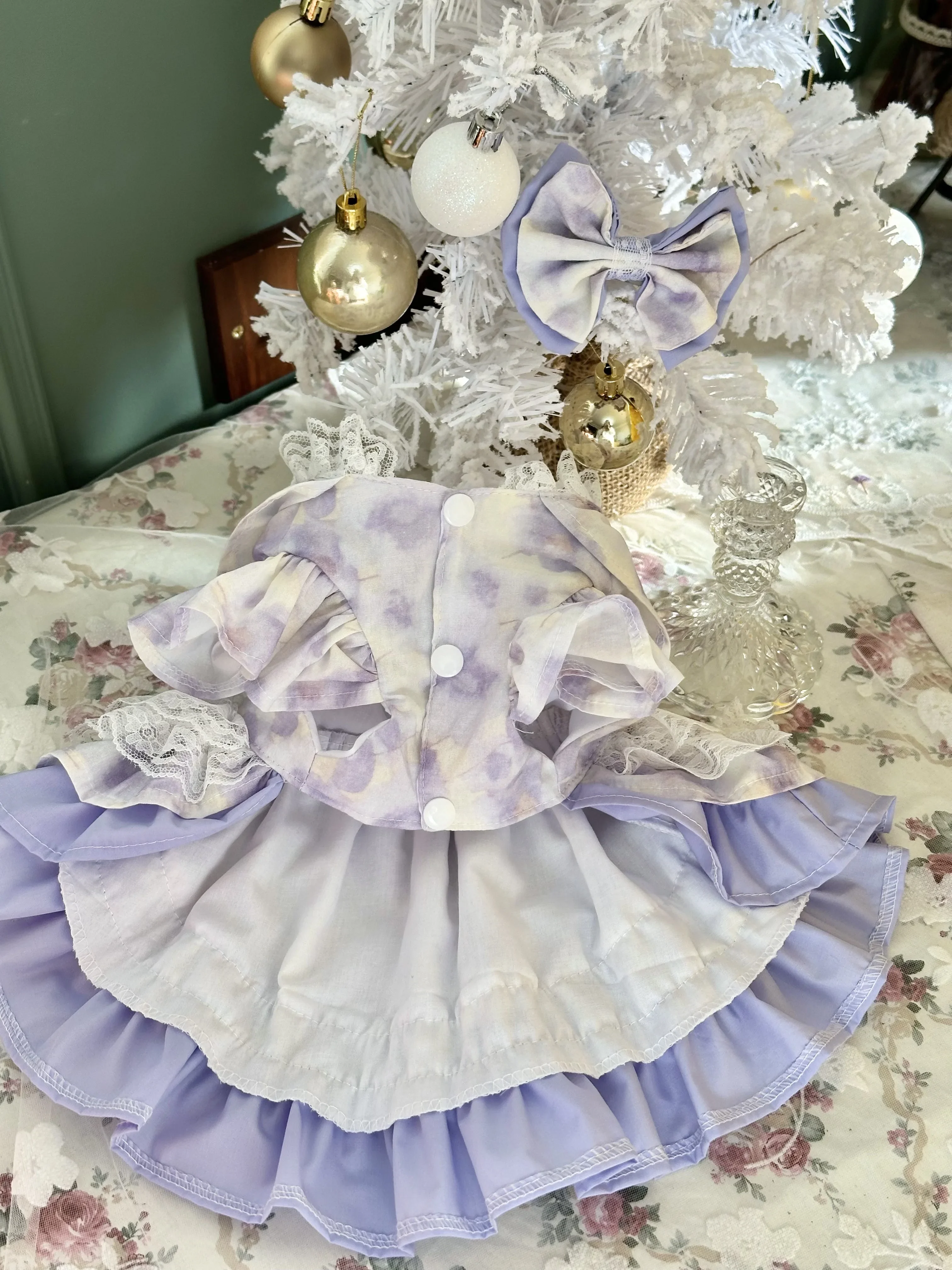 Korean Fashion Lace Purple Pet Dog Clothes Pure Cotton Handmade Big Bow Princess Dresses For Small Medium Dogs Poodle Chihuahua