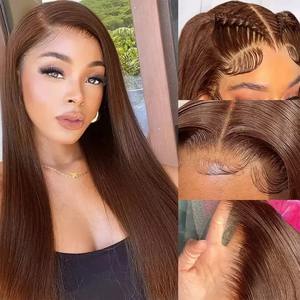 Picture 3: Chocolate Brown Human Hair 13x6 HD Lace Front Wig 200 Density Brazilian Remy Hair 13x4 Lace Bone Straight Pre Plucked Frontal Wig  40 42 Inches