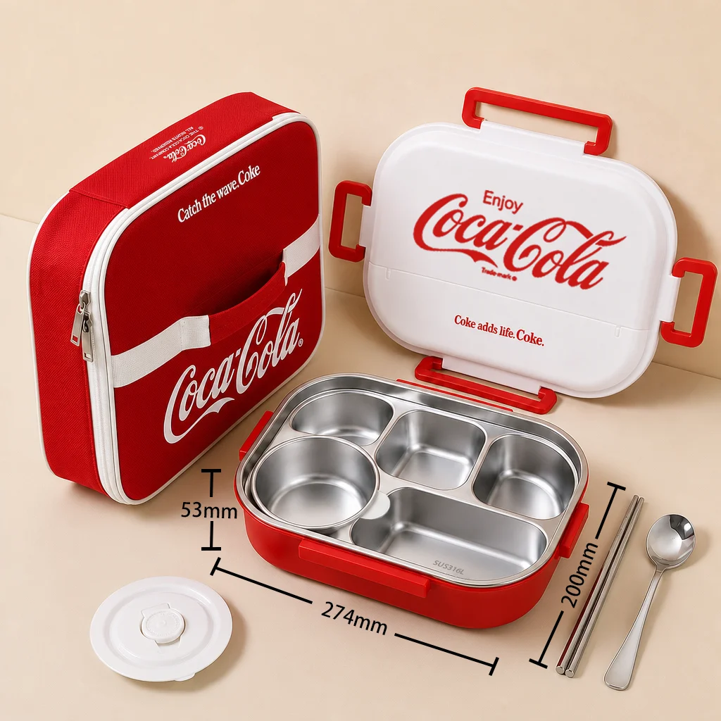 Coca Cola 1500ML 316L roestvrijstalen lunchbox, lekvrij, met soepkom en bestek, voor studenten, kantoormedewerkers en thuisgebruik, voor warme maaltijden.