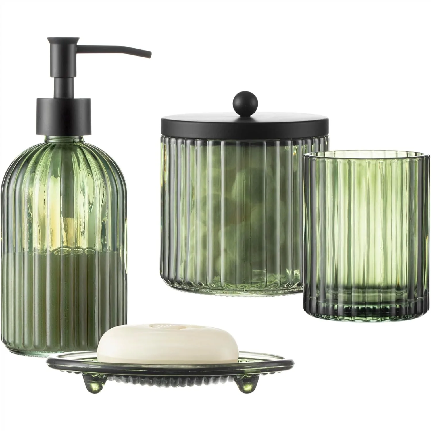 

4PCS Olive Green Glass Bathroom Accessories Set, Heavy Weight Embossed Soap Dispenser, Cotton Jar, Tray & Tumbler for Home