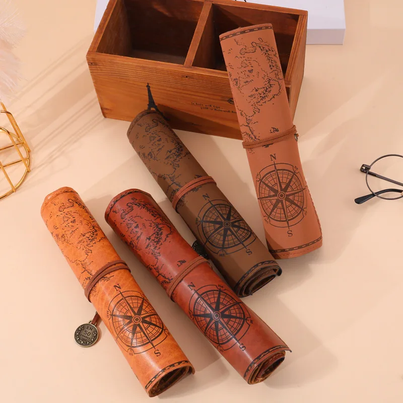 Estuche de Lápices de Cuero PU Retro con Diseño de Mapa del Tesoro, Creativo, de Gran Capacidad, Bonito y Sencillo, en Oferta
