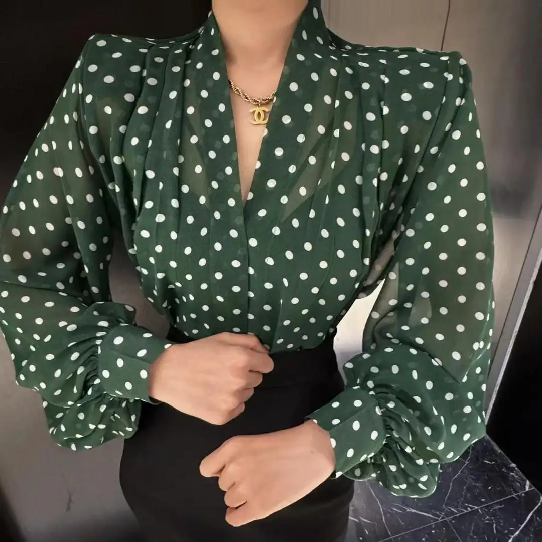 

2025 New Vintage Polka Dot Long Sve Women's irt Design Sensation Small ence Beautiful Aosphere Korean Sle Loose Fit