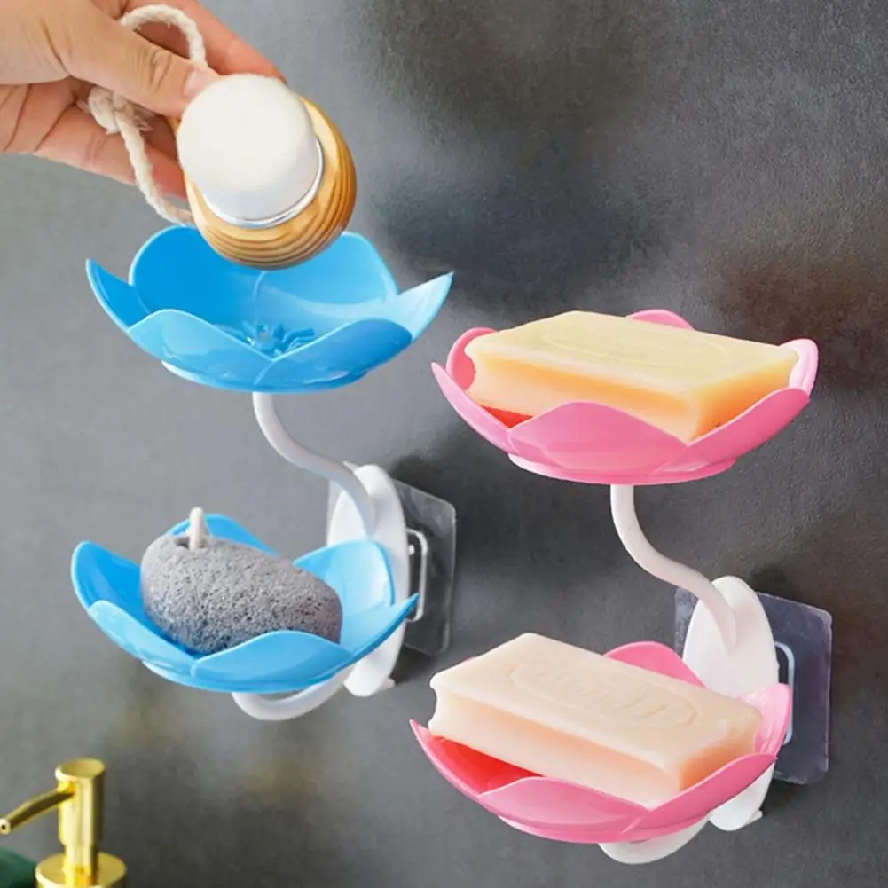 Creative Lotus Flower Soap Box 2 Tier Serving Tray Utensil Holders Suction Wall Tray Floral Soap Dish Shelf Holders Soap Holder