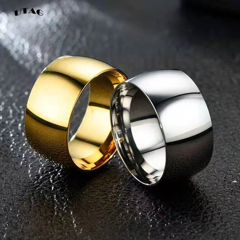 UTAG Simple 12MM Wide Large Titanium Steel Face Ring for Men Super Wide Silver Color Men\'s Ring Big Finger Ring Wedding Jewelry