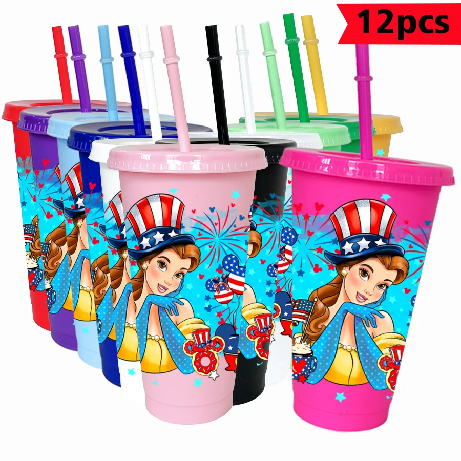 

12Pcs/pack Disney Belle Fireworks 26oz Colored Plastic Tumbler Birthday Party Drinking Utensils Juice Coffee Mug