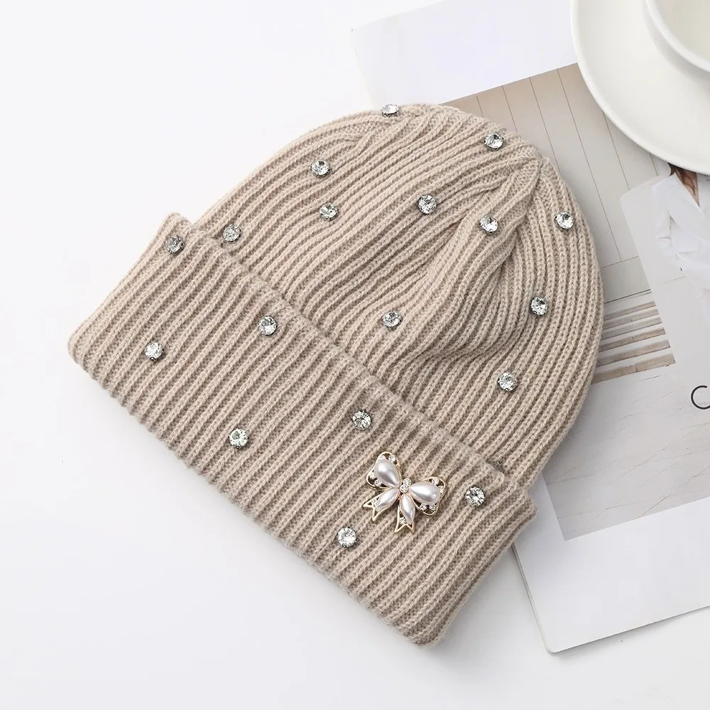 Casual Elastic Crystal Pearl Bow Beanie Warm Thick Knit Hat Windproof Fold Cuff Pullover Hat Outdoor