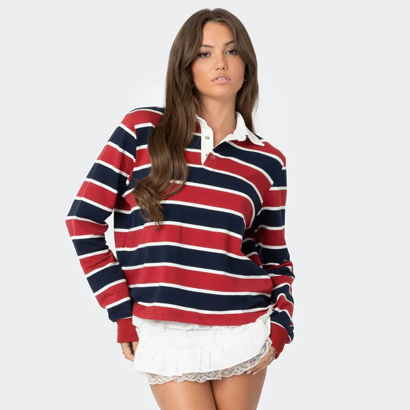 Women\'s 2024 American Striped Lapel Long Sleeve Short Casual Tops Casual Daily Long Sleeve Club Wear Vestidos